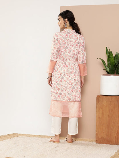 Ahalyaa Women Pink & Off White Floral Printed Gotta Patti Floral Crepe Kurta