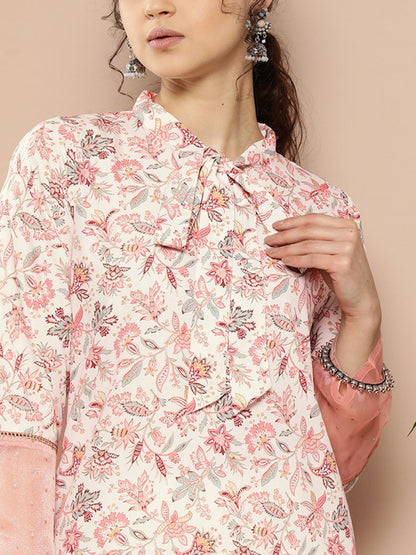 Ahalyaa Women Pink & Off White Floral Printed Gotta Patti Floral Crepe Kurta