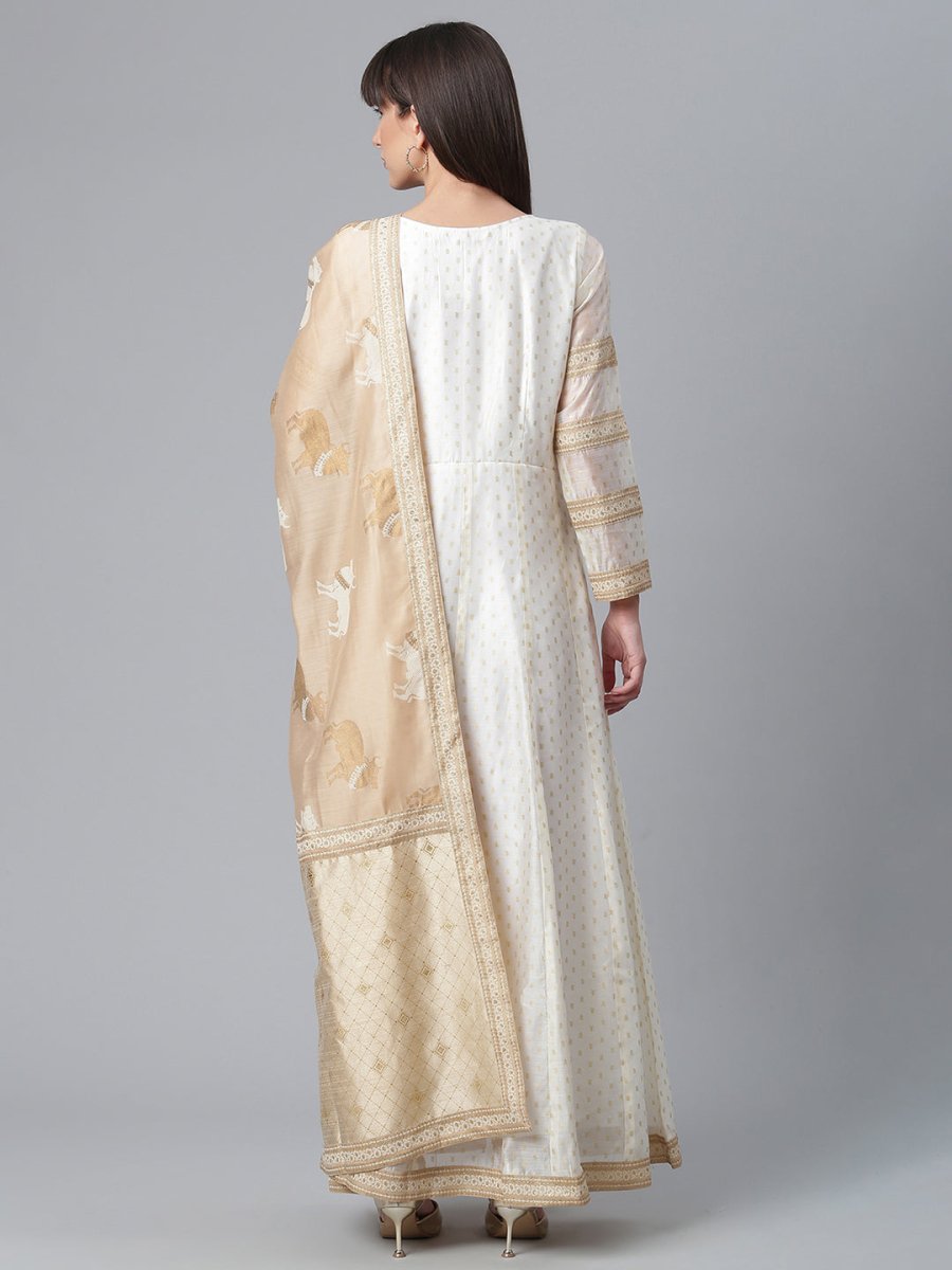 Ahalyaa Cream-Coloured & Golden Printed Anarkali Kurta with Dupatta