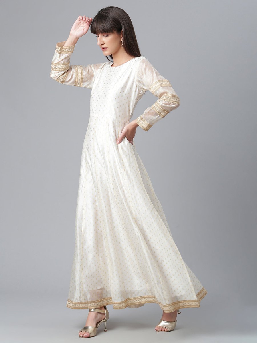 Ahalyaa Cream-Coloured & Golden Printed Anarkali Kurta with Dupatta