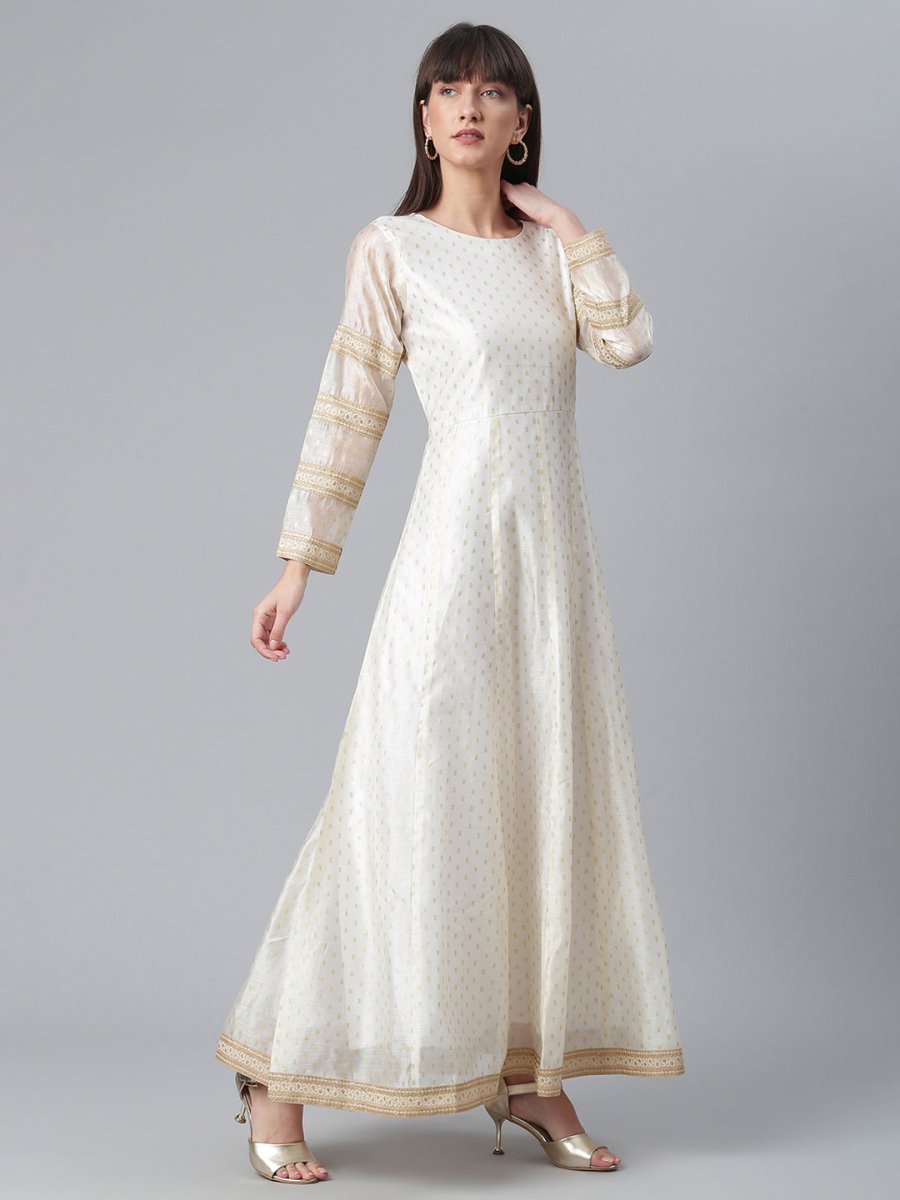 Ahalyaa Cream-Coloured & Golden Printed Anarkali Kurta with Dupatta