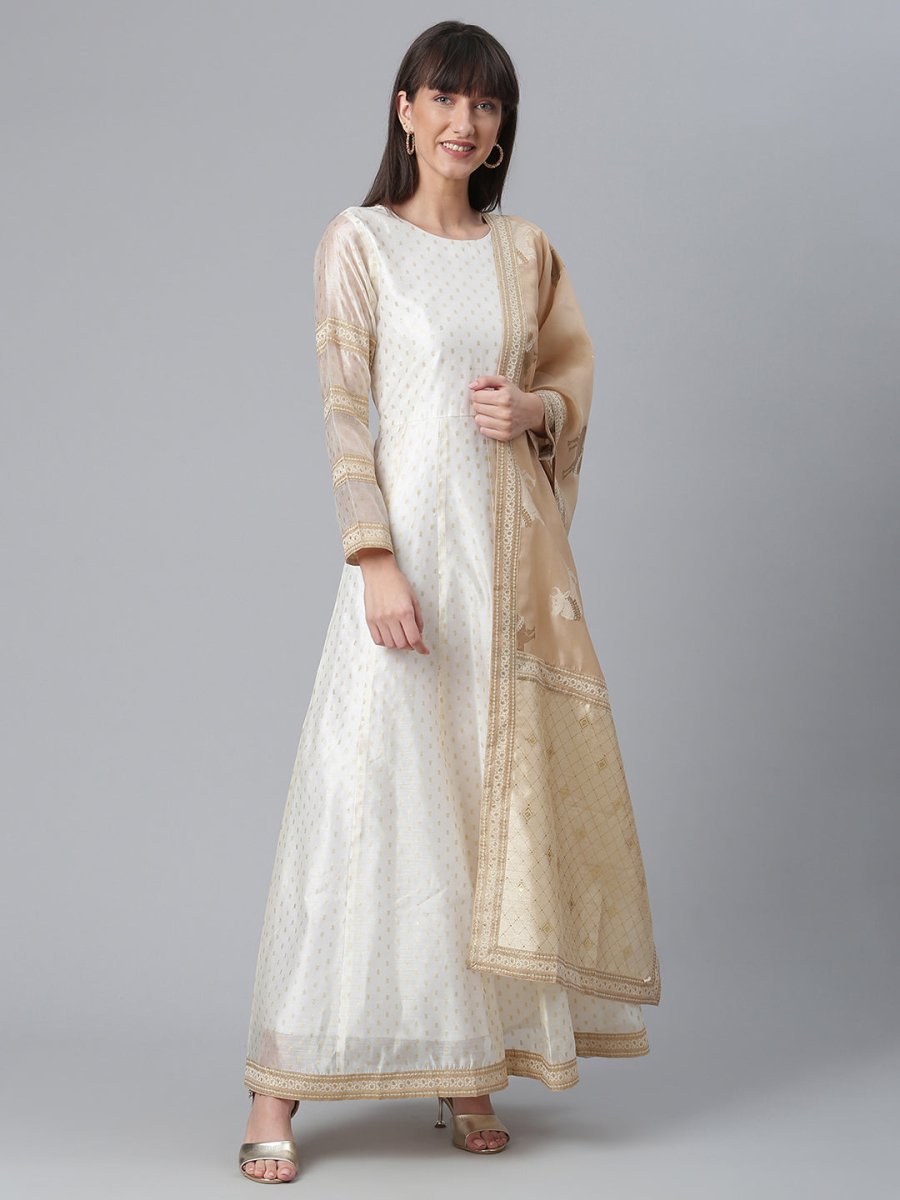 Ahalyaa Cream-Coloured & Golden Printed Anarkali Kurta with Dupatta
