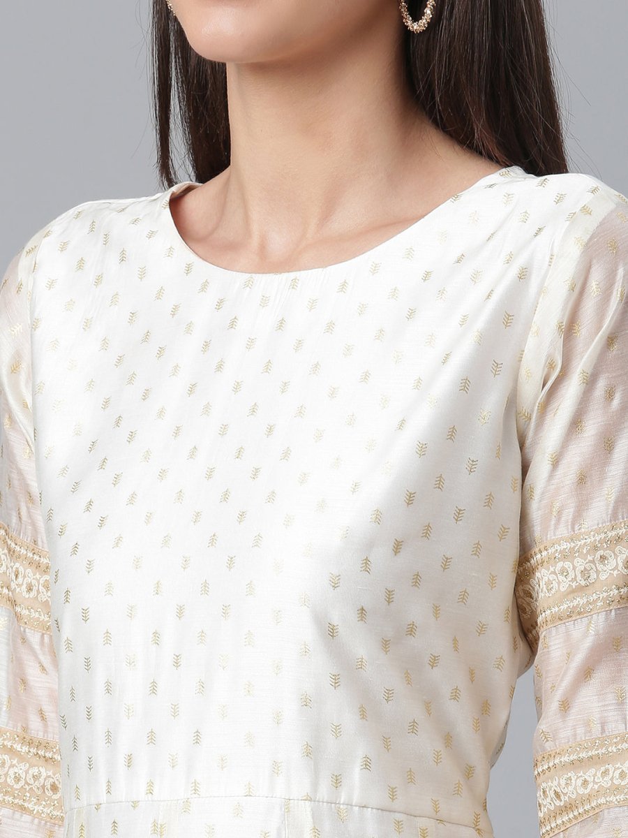 Ahalyaa Cream-Coloured & Golden Printed Anarkali Kurta with Dupatta