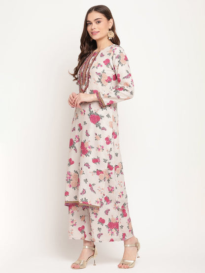 Ahalyaa Floral Printed Round Neck Floral Crepe Straight Kurta