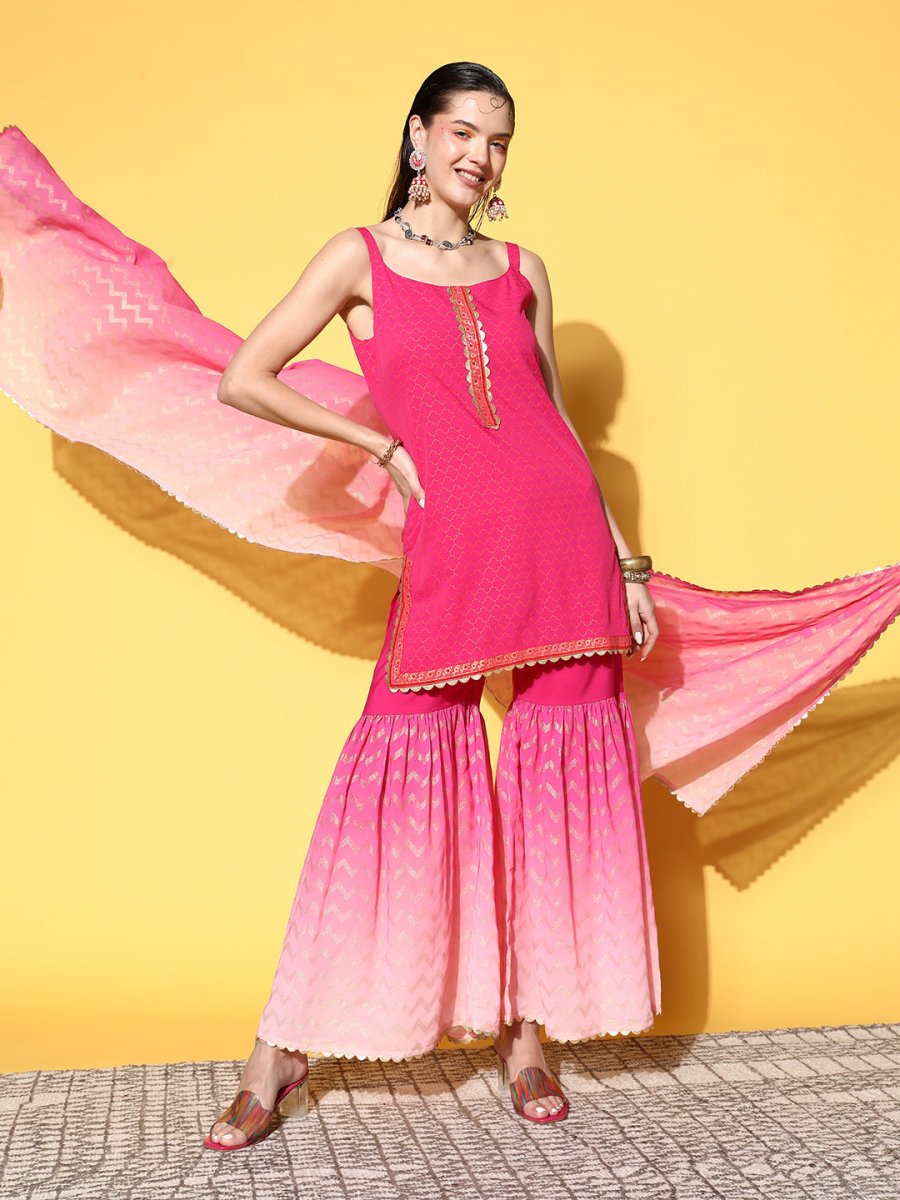 Ahalyaa Women Pink Ombre Printed Gotta Patti Kurti with Sharara & With Dupatta