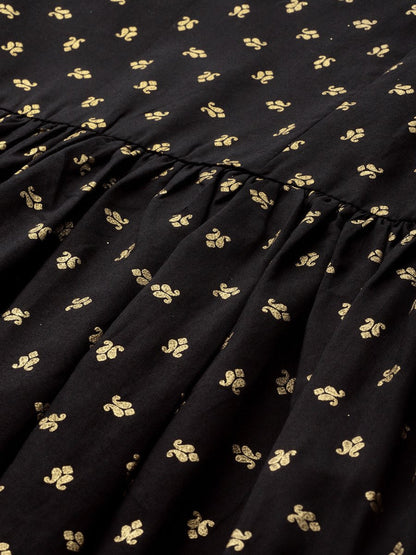 Ahalyaa Women Black & Golden Printed Tiered Kurta With Sharara & Dupatta