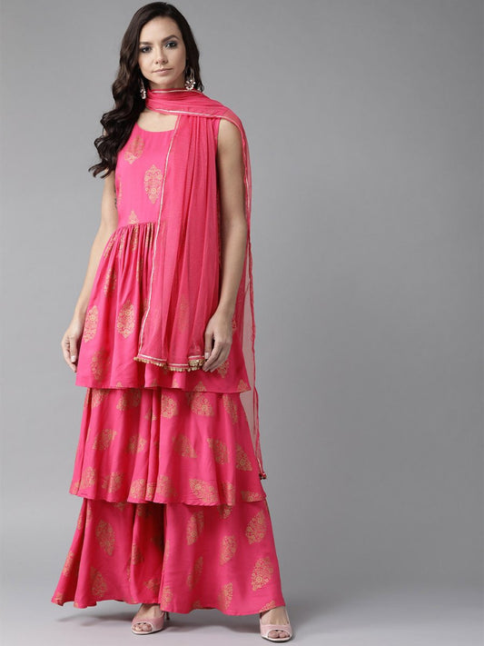 Ahalyaa Pink & Golden Foil Print Kurti with Sharara & Dupatta