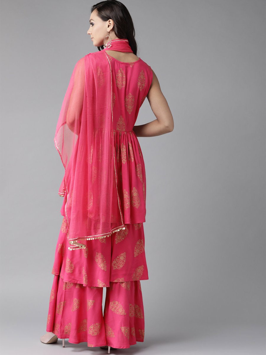 Ahalyaa Pink & Golden Foil Print Kurti with Sharara & Dupatta