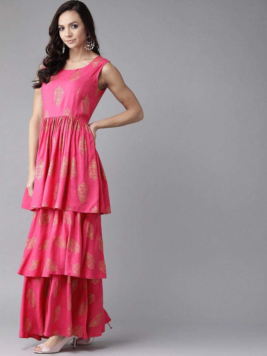 Ahalyaa Pink & Golden Foil Print Kurti with Sharara & Dupatta