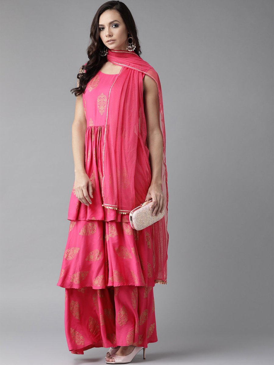 Ahalyaa Pink & Golden Foil Print Kurti with Sharara & Dupatta