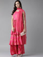 Ahalyaa Pink & Golden Foil Print Kurti with Sharara & Dupatta