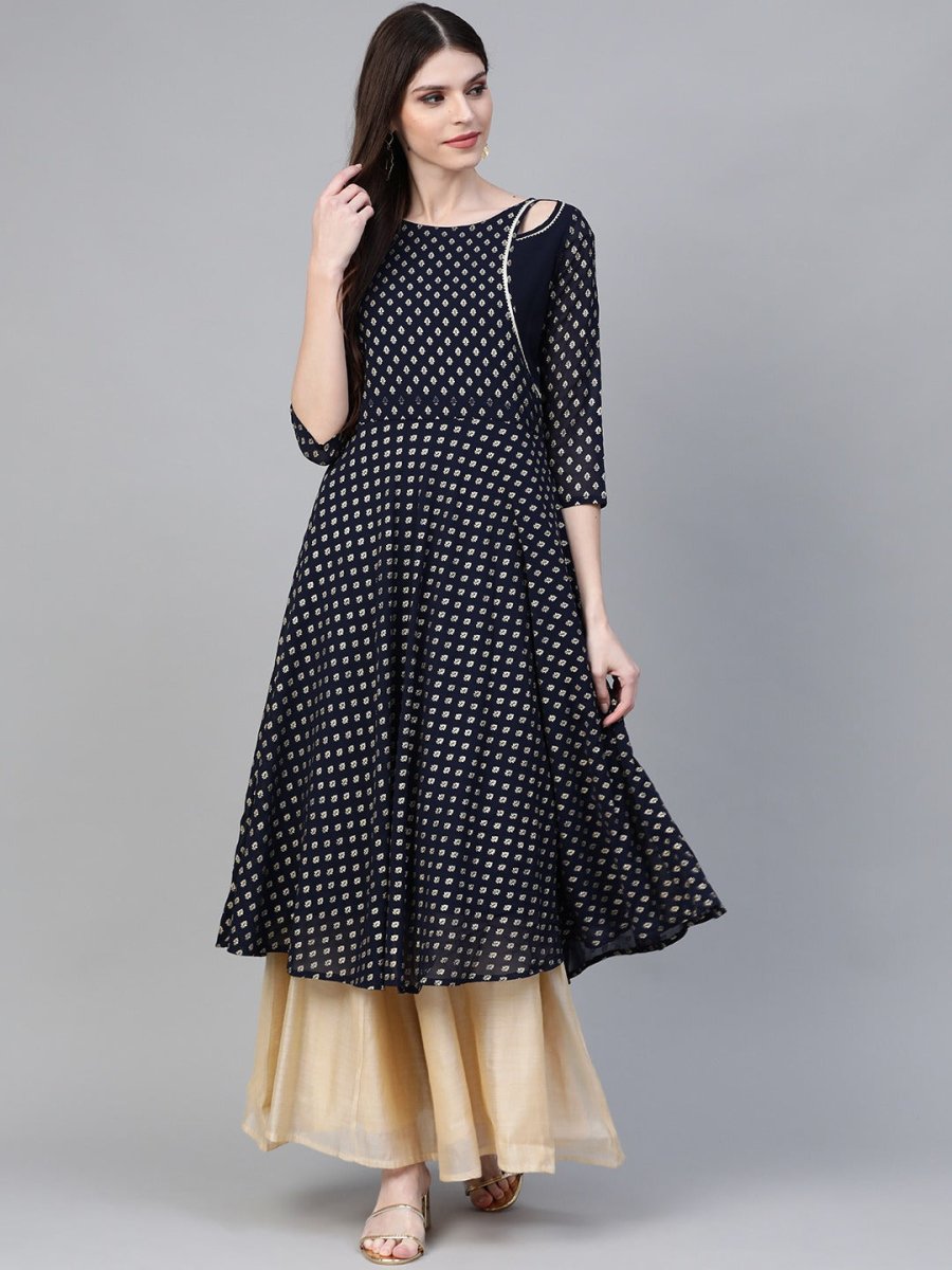 Ahalyaa Navy-Blue Printed Straight Kurta