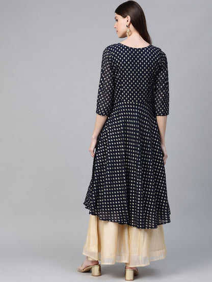 Ahalyaa Navy-Blue Printed Straight Kurta