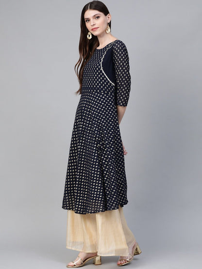 Ahalyaa Navy-Blue Printed Straight Kurta