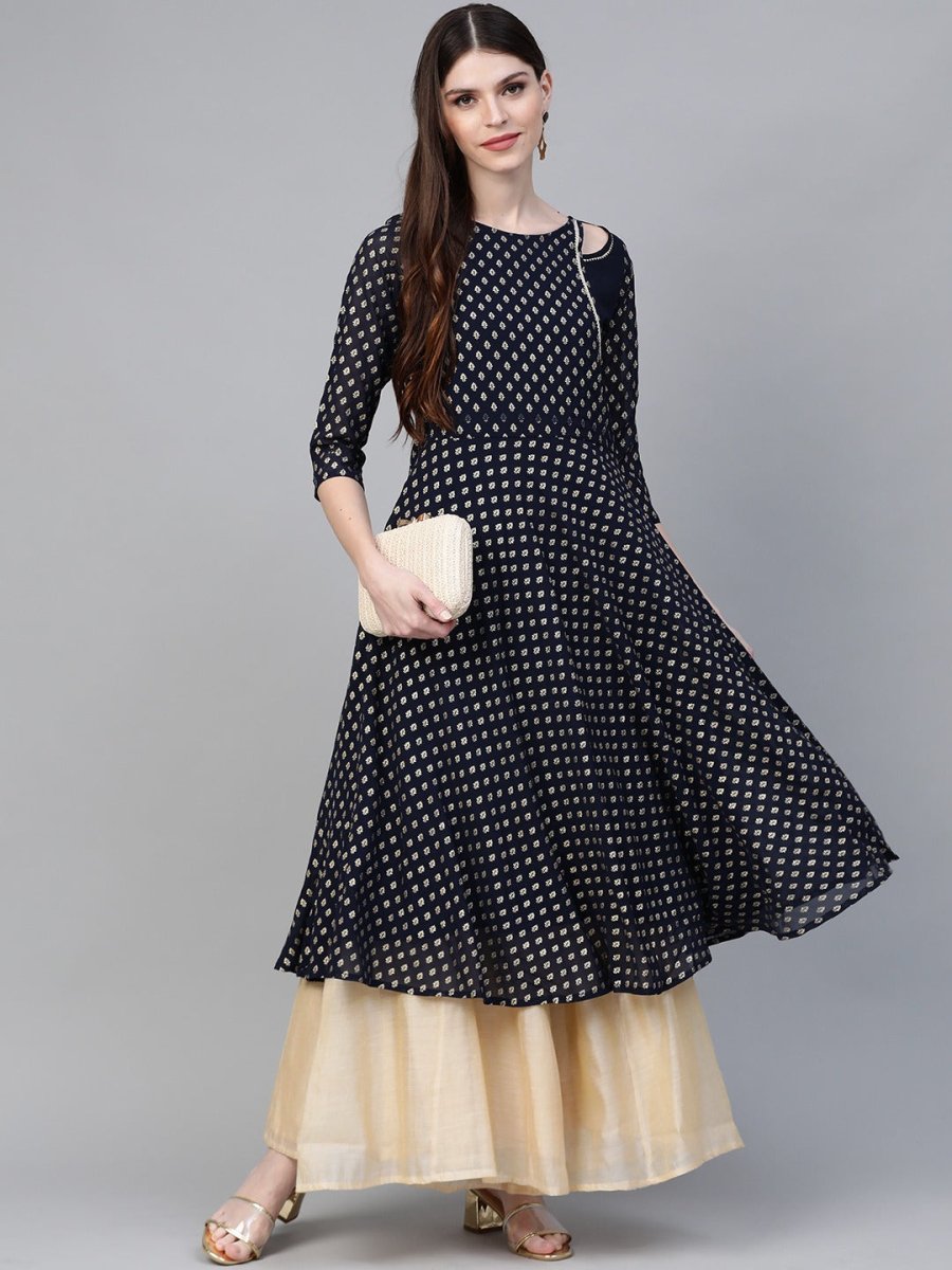 Ahalyaa Navy-Blue Printed Straight Kurta