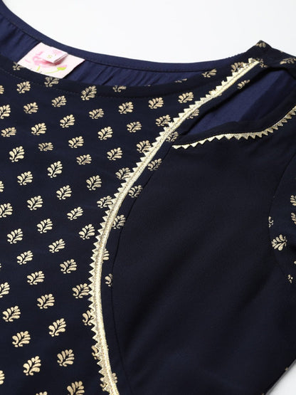 Ahalyaa Navy-Blue Printed Straight Kurta