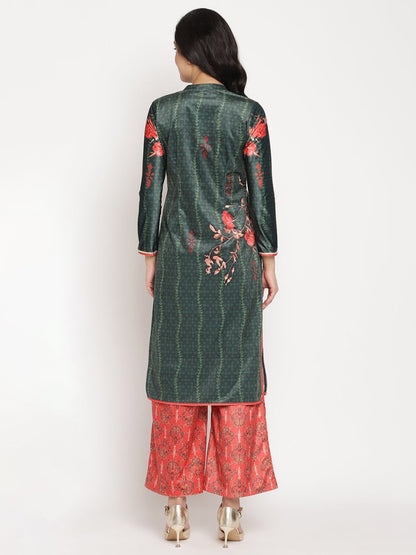 Ahalyaa Women's Dark Green Color Digital Print Velvet Kurta With Palazzo