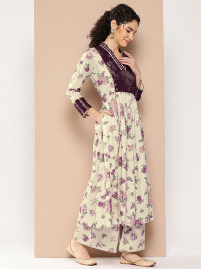 Ahalyaa Women Floral Printed Pleated Gotta Patti Kurta with Palazzos