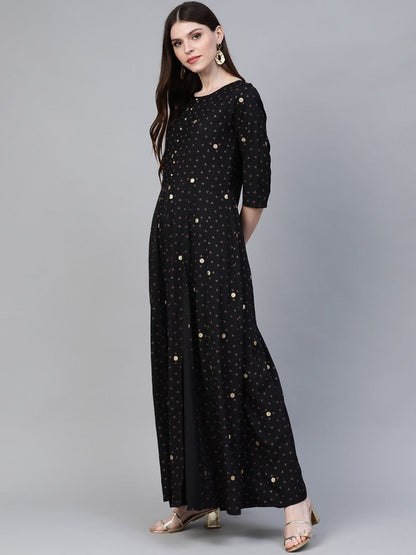 Ahalyaa Black & Pink High Slit Bandhani Khari Printed Anarkali Kurta with Palazzos