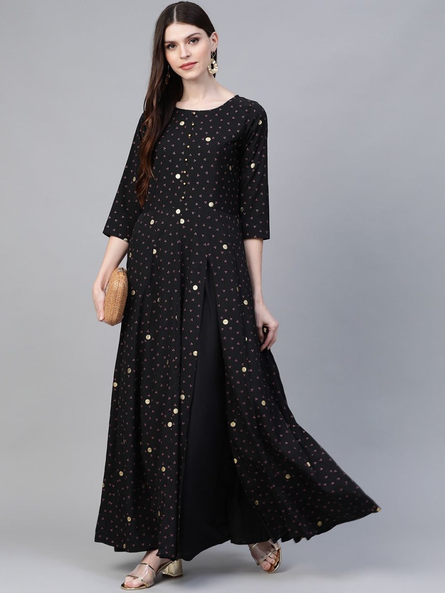 Ahalyaa Black & Pink High Slit Bandhani Khari Printed Anarkali Kurta with Palazzos