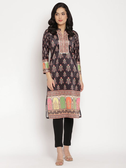 Ahalyaa Women's Black Color Digital Print Velvet Kurta