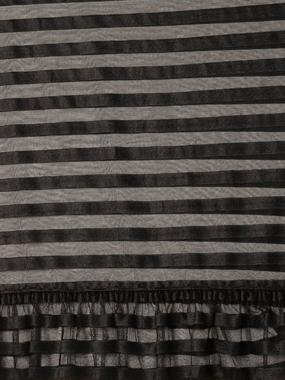 Ahalyaa Black Self-Striped Ruffled Ready to Wear Saree Set