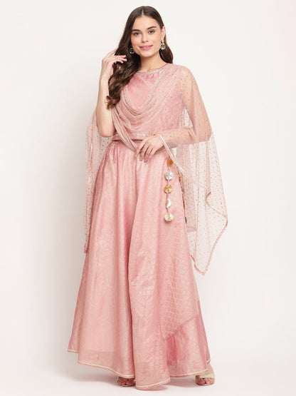 Ahalyaa Women Rusty Rose Chanderi Gold Foil Prin Lehenga Choli With Dupatta