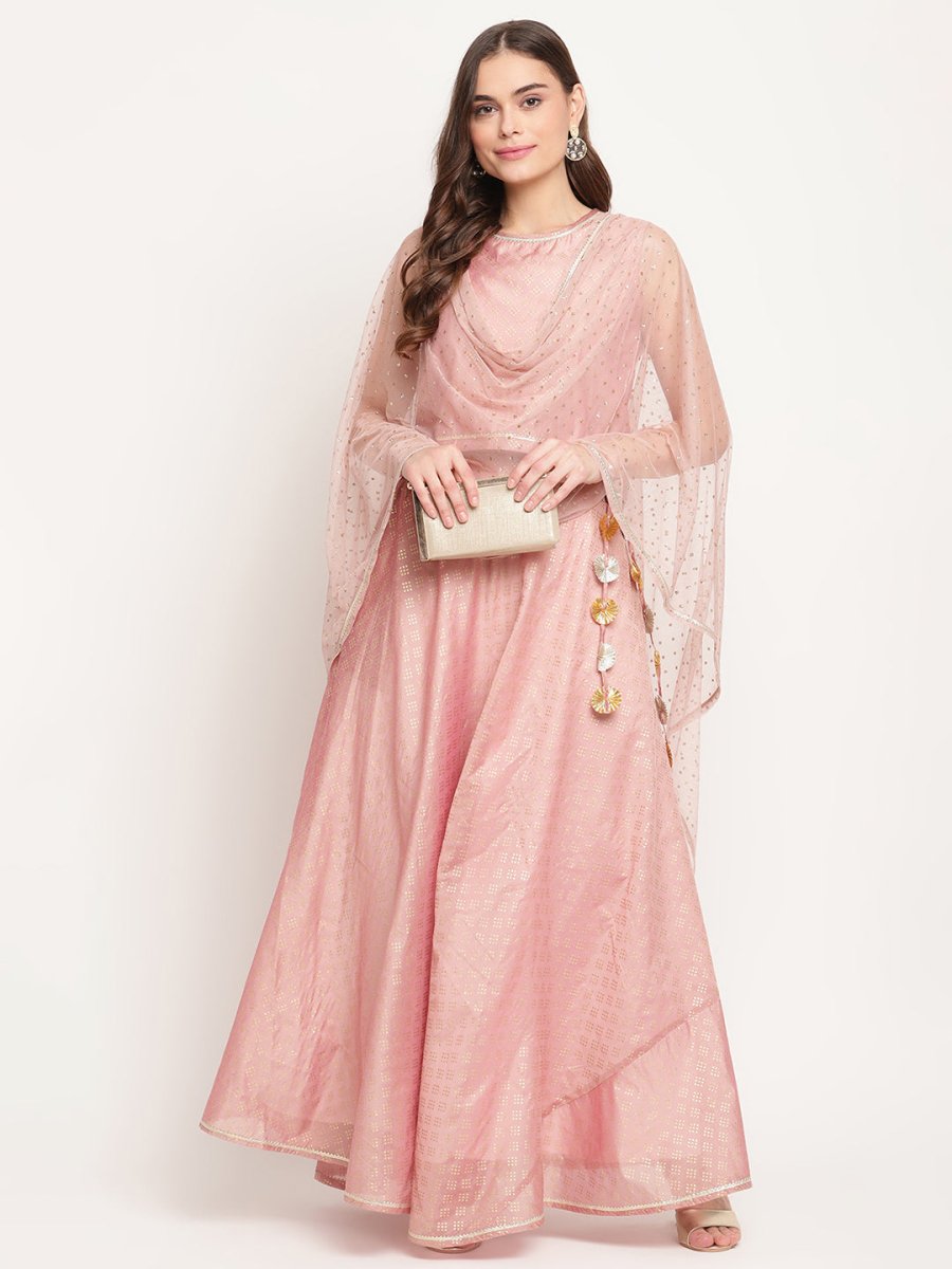 Ahalyaa Women Rusty Rose Chanderi Gold Foil Prin Lehenga Choli With Dupatta