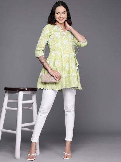Ahalyaa Floral Printed Cotton Tunic With Lace Inserts Detail