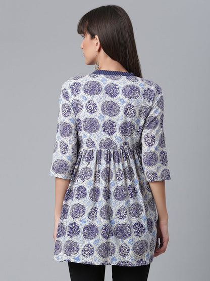 Ahalyaa Women Blue & Off-White Printed Angrakha Beautiful Tunic