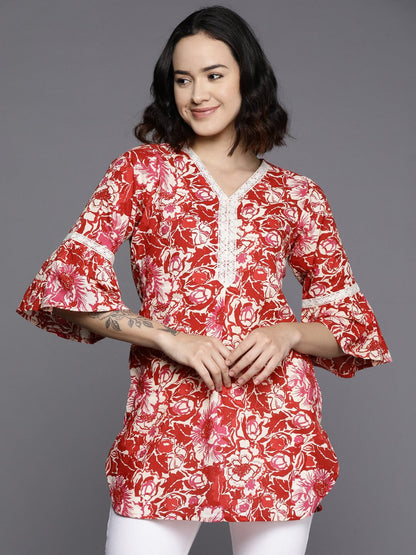 Ahalyaa Floral Printed Bell Sleeves Tunic With Lace Inserts