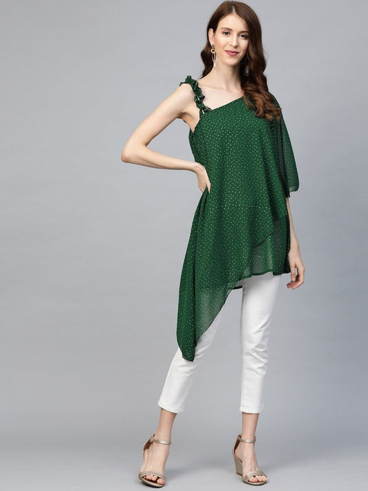 Ahalyaa Women One Shoulder Green Printed Beautiful Tunic