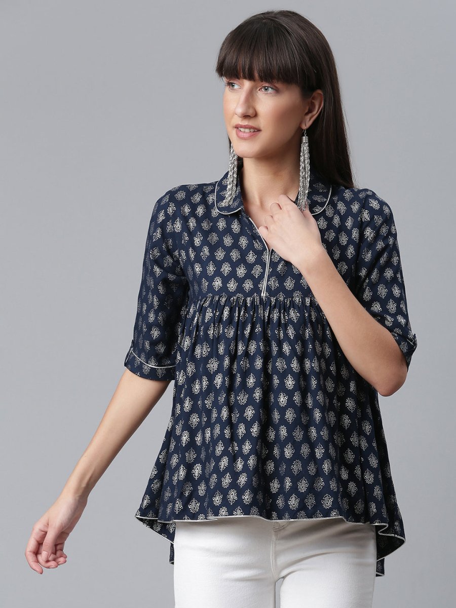 Ahalyaa Viscose Rayon Navy Blue Foil Silver Printed Western Tunic