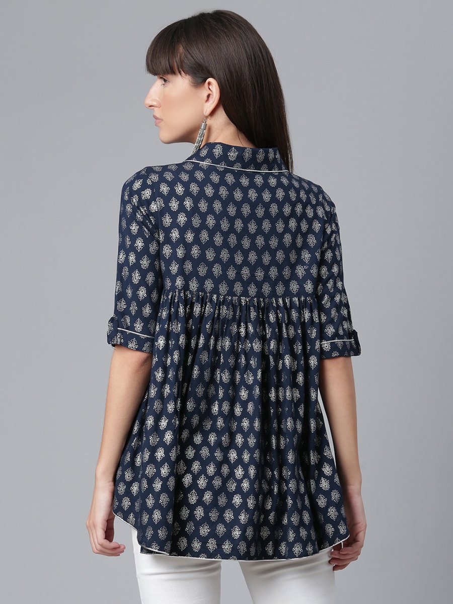 Ahalyaa Viscose Rayon Navy Blue Foil Silver Printed Western Tunic
