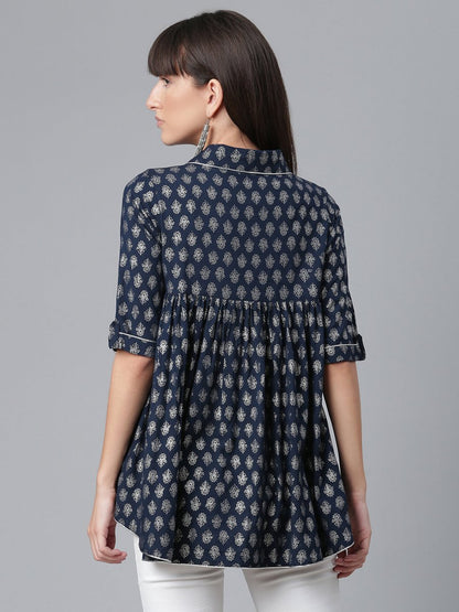 Ahalyaa Viscose Rayon Navy Blue Foil Silver Printed Western Tunic