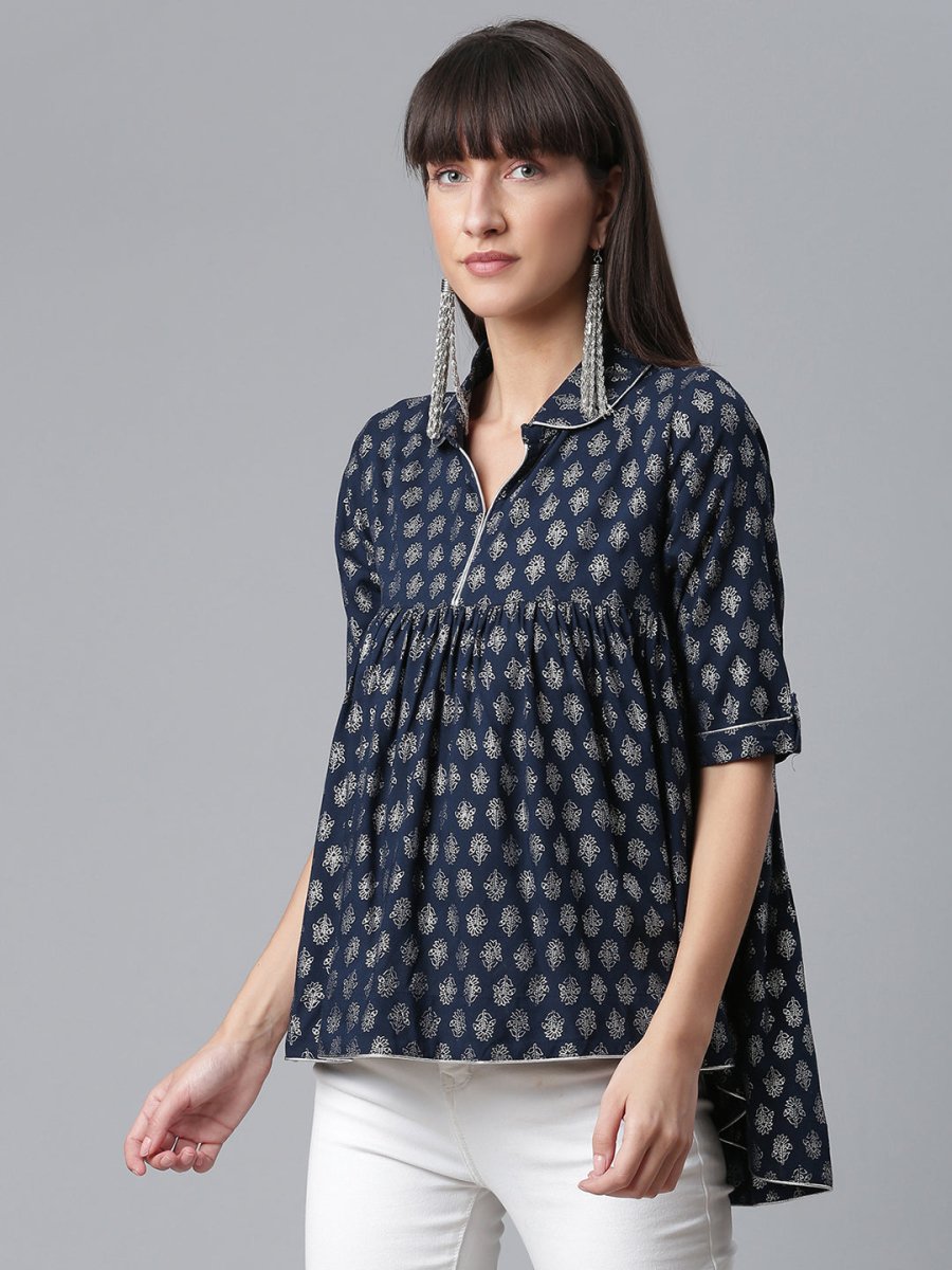 Ahalyaa Viscose Rayon Navy Blue Foil Silver Printed Western Tunic