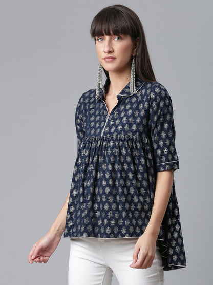 Ahalyaa Viscose Rayon Navy Blue Foil Silver Printed Western Tunic