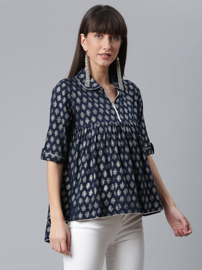 Ahalyaa Viscose Rayon Navy Blue Foil Silver Printed Western Tunic