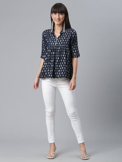 Ahalyaa Viscose Rayon Navy Blue Foil Silver Printed Western Tunic