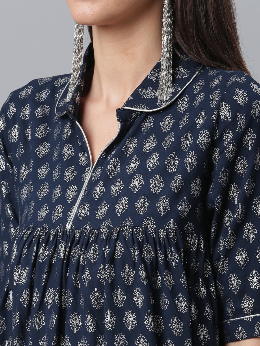 Ahalyaa Viscose Rayon Navy Blue Foil Silver Printed Western Tunic
