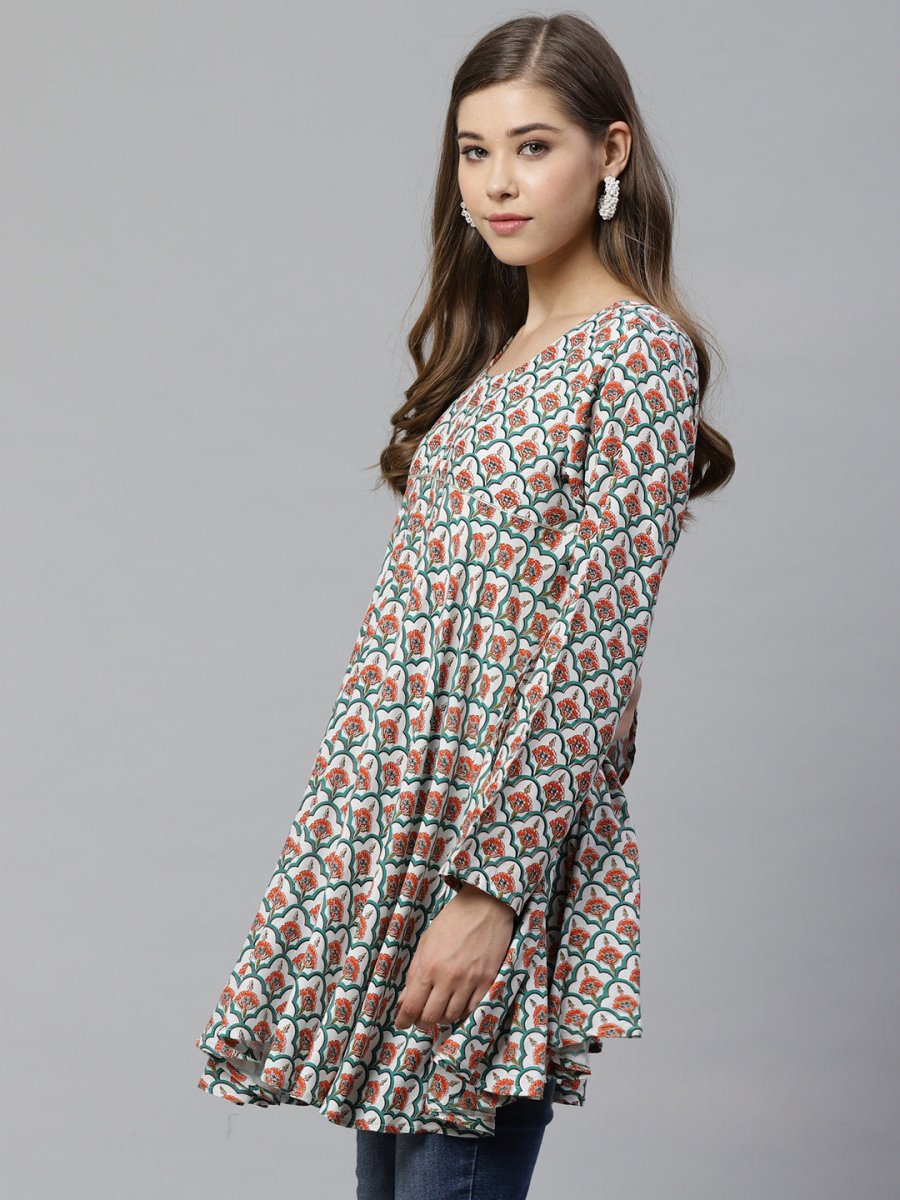 Ahalyaa White & Teal Green Ethnic Printed Asymmetric Tunic
