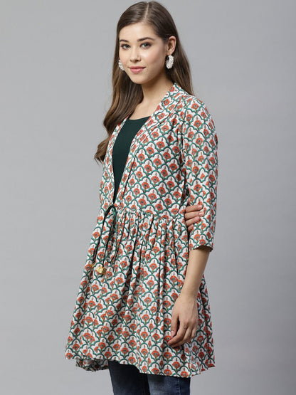 Ahalyaa White & Teal Green Ethnic Printed Waist Tie-Up Tunic