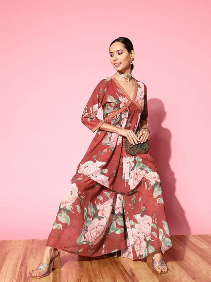 Ahalyaa Women Red Floral Printed Empire Thread Work Kurti With Sharara