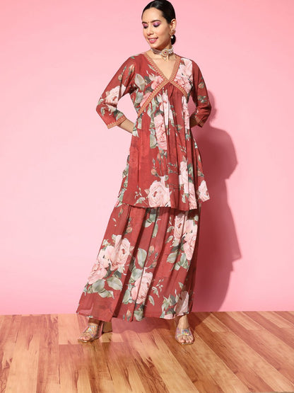 Ahalyaa Women Red Floral Printed Empire Thread Work Kurti With Sharara