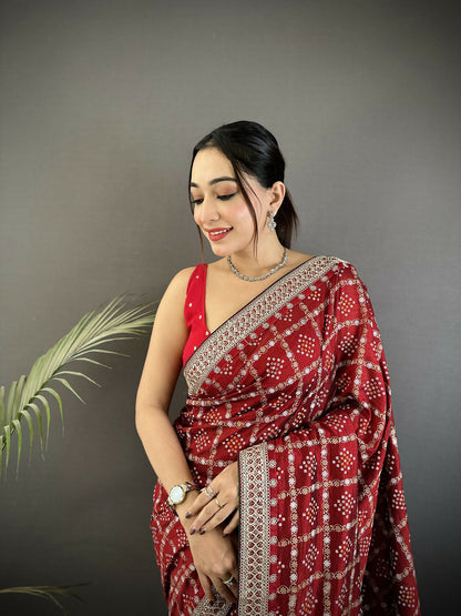 Joban Fashion Maroon Bandhej Bandhani Vichitra Silk Bandhani Prints Saree