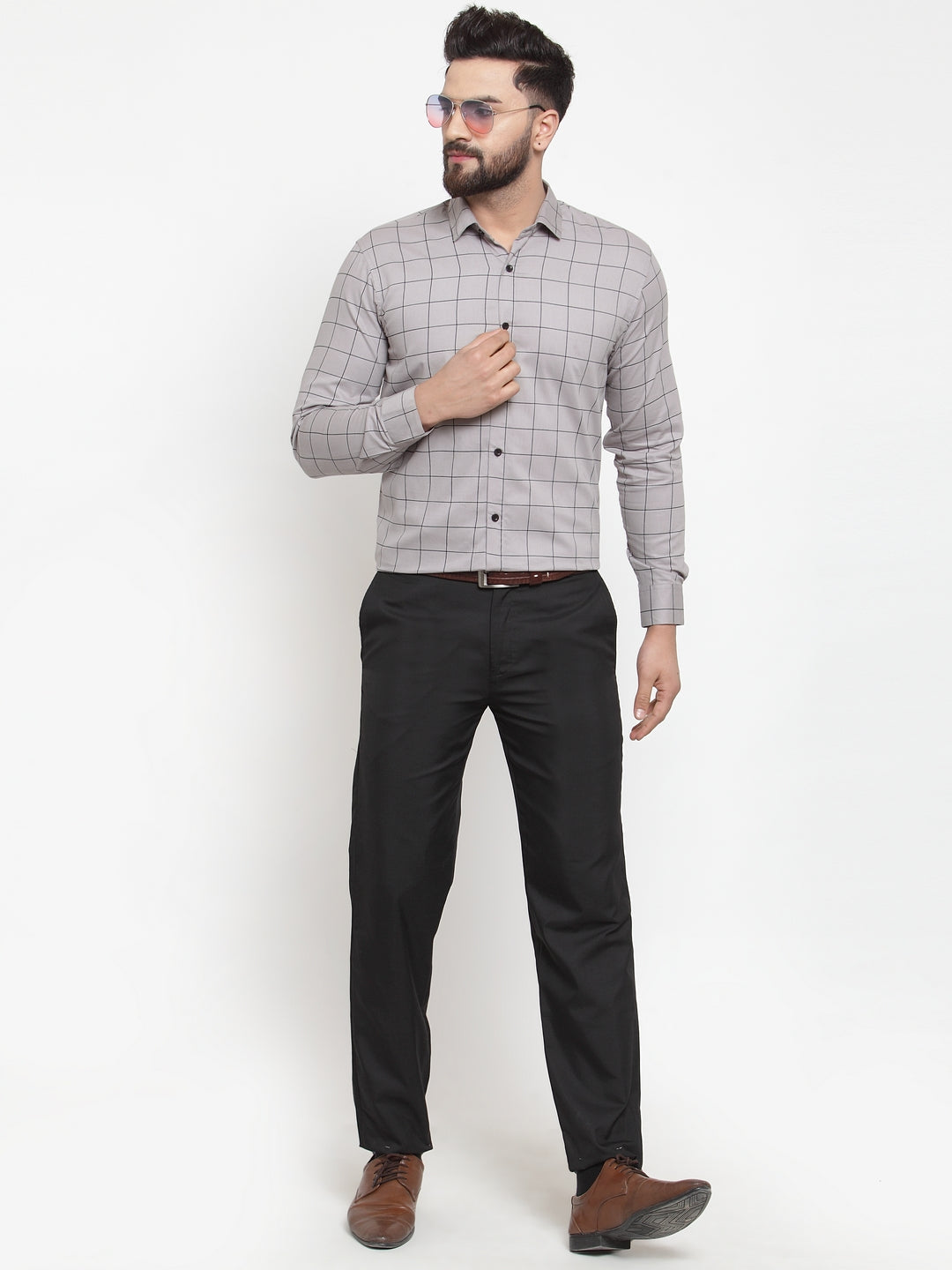 Jainish Grey Men's Cotton Checked Formal Shirts ( SF 742Grey )