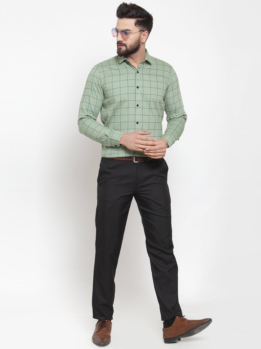 Jainish Green Men's Cotton Checked Formal Shirts ( SF 742Pista )