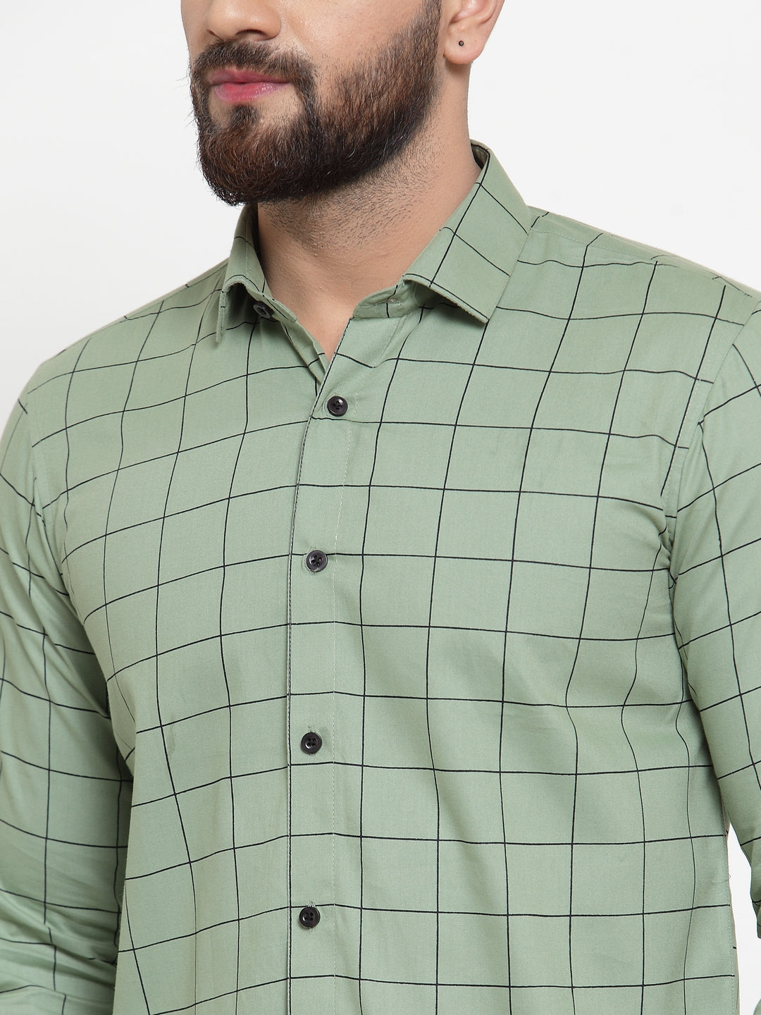 Jainish Green Men's Cotton Checked Formal Shirts ( SF 742Pista )