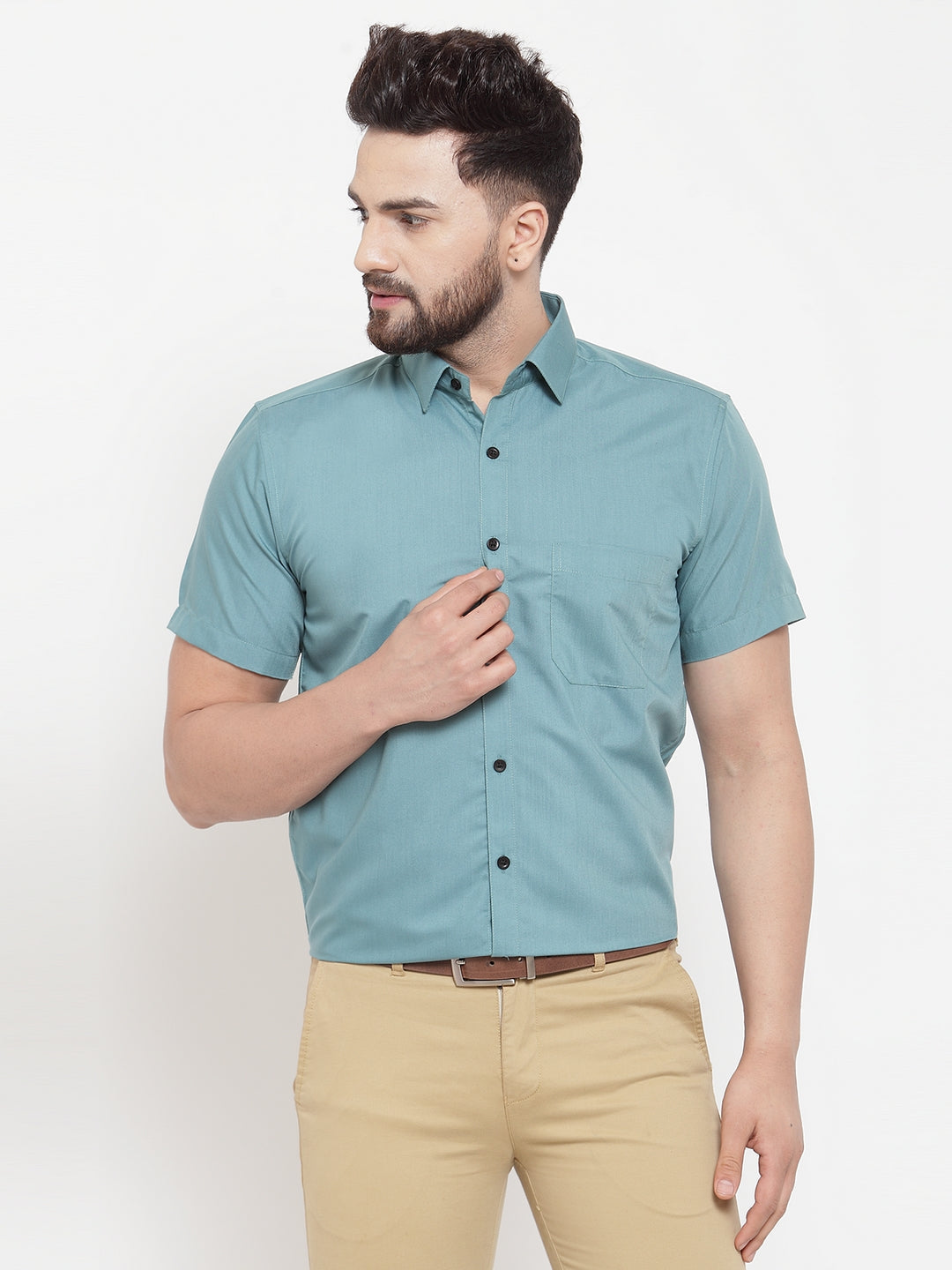 Jainish Green Men's Cotton Half Sleeves Solid Formal Shirts ( SF 754Aqua )