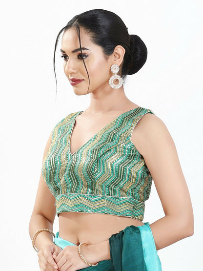 Joban Fashion Green Multi Silk Padded Blouse With V Neck Sleeveless